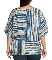 Ali Miles Plus Size Woven Linen Blend Abstract Stripe Round Neck Elbow Sleeve Sharkbite Hem Tunic