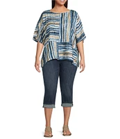Ali Miles Plus Size Woven Linen Blend Abstract Stripe Round Neck Elbow Sleeve Sharkbite Hem Tunic