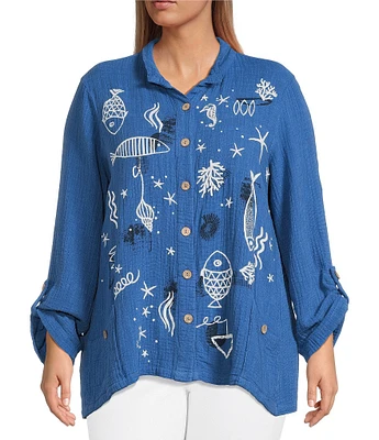 Ali Miles Plus Size Woven Novelty Abstract Fish Print Wire Collar 3/4 Roll-Tab Sleeve Button-Front Tunic