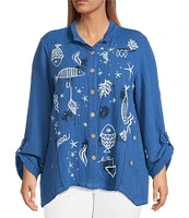 Ali Miles Plus Size Woven Novelty Abstract Fish Print Wire Collar 3/4 Roll-Tab Sleeve Button-Front Tunic