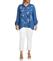 Ali Miles Plus Size Woven Novelty Abstract Fish Print Wire Collar 3/4 Roll-Tab Sleeve Button-Front Tunic