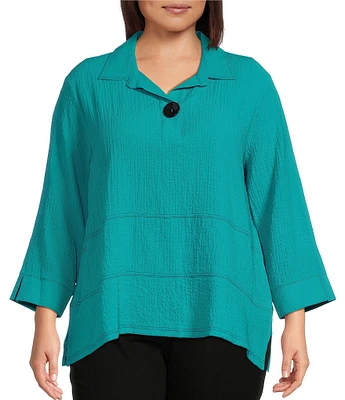 Ali Miles Plus Size Woven Point Collar 3/4 Sleeve Top