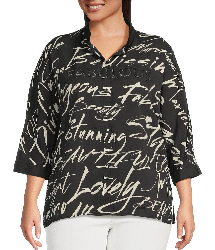 Ali Miles Plus Size Woven Printed Wire Collar 3/4 Roll-Tab Sleeve Button Front Tunic
