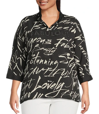 Ali Miles Plus Size Woven Printed Wire Collar 3/4 Roll-Tab Sleeve Button Front Tunic