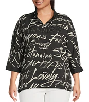 Ali Miles Plus Size Woven Printed Wire Collar 3/4 Roll-Tab Sleeve Button Front Tunic