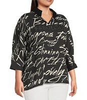 Ali Miles Plus Size Woven Printed Wire Collar 3/4 Roll-Tab Sleeve Button Front Tunic