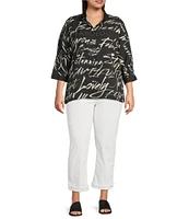 Ali Miles Plus Size Woven Printed Wire Collar 3/4 Roll-Tab Sleeve Button Front Tunic