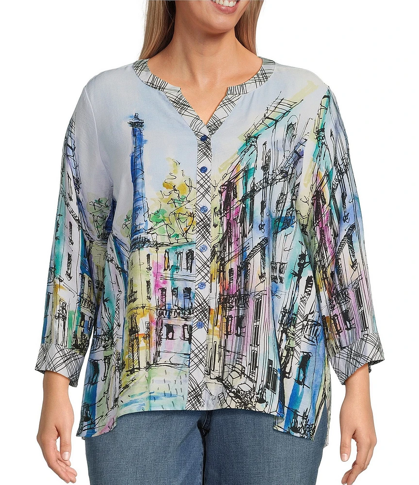 Ali Miles Plus Size Woven Printed Mandarin Collar 3/4 Adjustable Sleeve Hi-Low Hem Tunic
