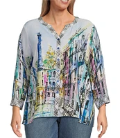 Ali Miles Plus Size Woven Printed Mandarin Collar 3/4 Adjustable Sleeve Hi-Low Hem Tunic
