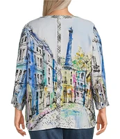 Ali Miles Plus Size Woven Printed Mandarin Collar 3/4 Adjustable Sleeve Hi-Low Hem Tunic