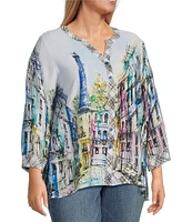 Ali Miles Plus Size Woven Printed Mandarin Collar 3/4 Adjustable Sleeve Hi-Low Hem Tunic