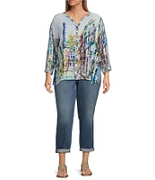 Ali Miles Plus Size Woven Printed Mandarin Collar 3/4 Adjustable Sleeve Hi-Low Hem Tunic