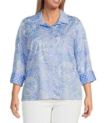 Ali Miles Plus Size Woven Printed Point Collar 3/4 Sleeve Button Front Shirt