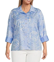 Ali Miles Plus Size Woven Printed Point Collar 3/4 Sleeve Button Front Shirt