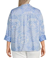 Ali Miles Plus Size Woven Printed Point Collar 3/4 Sleeve Button Front Shirt