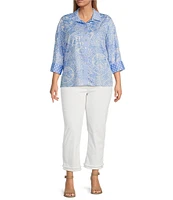 Ali Miles Plus Size Woven Printed Point Collar 3/4 Sleeve Button Front Shirt