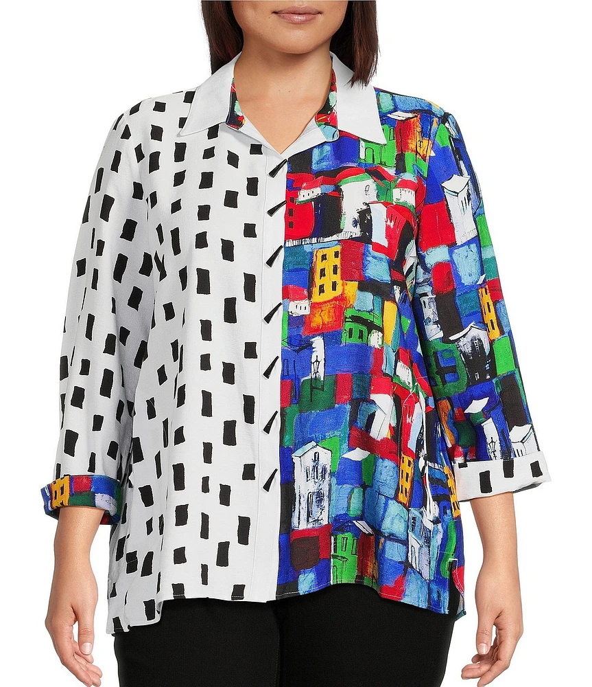 Ali Miles Plus Size Woven Printed Point Collar 3/4 Sleeve Button Front Tunic