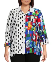 Ali Miles Plus Size Woven Printed Point Collar 3/4 Sleeve Button Front Tunic