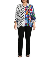 Ali Miles Plus Size Woven Printed Point Collar 3/4 Sleeve Button Front Tunic
