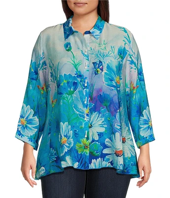 Ali Miles Plus Size Woven Printed Point Collar 3/4 Sleeve Button Front Tunic
