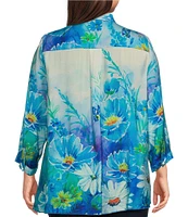 Ali Miles Plus Size Woven Printed Point Collar 3/4 Sleeve Button Front Tunic