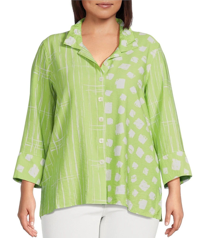 Ali Miles Plus Size Woven Printed Wire Collar 3/4 Sleeve Button-Front Tunic