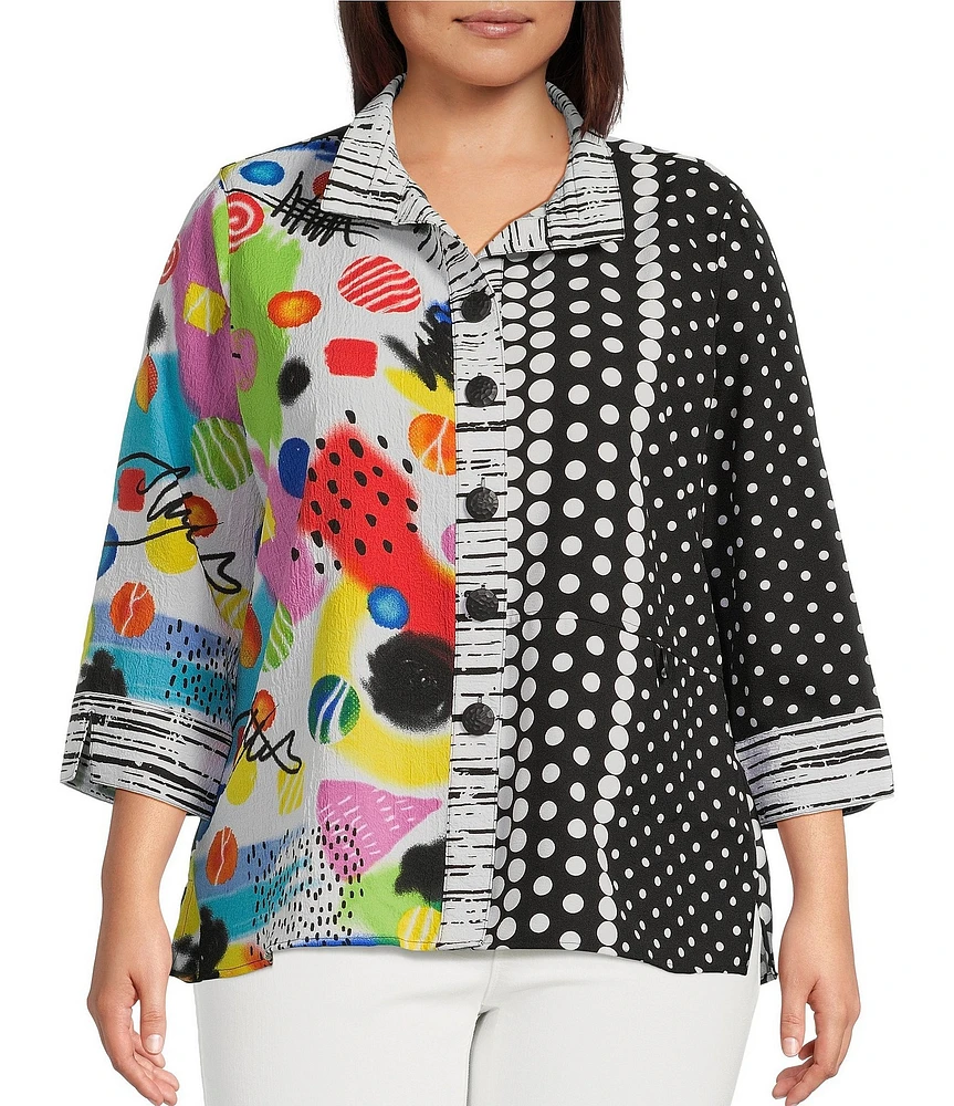 Ali Miles Plus Size Woven Printed Wire Collar 3/4 Sleeve Button Front Tunic