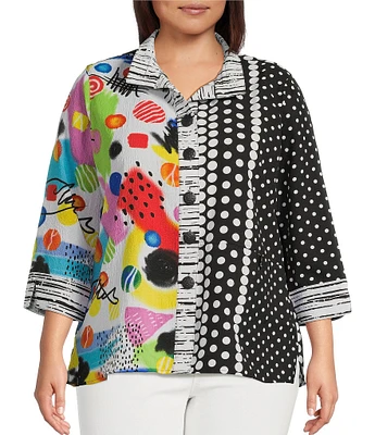 Ali Miles Plus Size Woven Printed Wire Collar 3/4 Sleeve Button Front Tunic