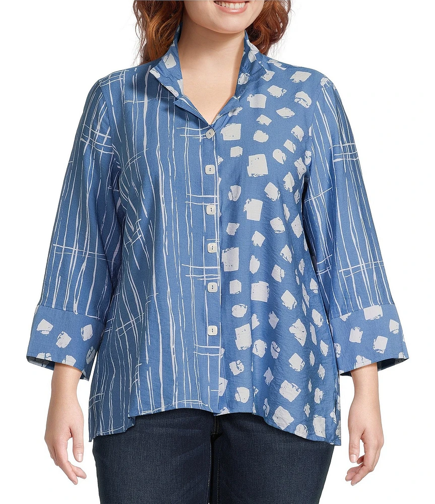 Ali Miles Plus Size Woven Printed Wire Collar 3/4 Sleeve Button-Front Tunic