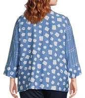 Ali Miles Plus Size Woven Printed Wire Collar 3/4 Sleeve Button-Front Tunic