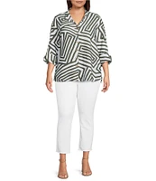 Ali Miles Plus Size Woven Printed Wire Collar 3/4 Sleeve Hi-Low Hem Button Front Tunic