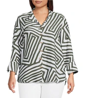 Ali Miles Plus Size Woven Printed Wire Collar 3/4 Sleeve Hi-Low Hem Button Front Tunic