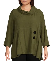 Ali Miles Plus Size Woven Pucker Textured Cowl Neck 3/4 Sleeve Asymmetrical Hem Tunic