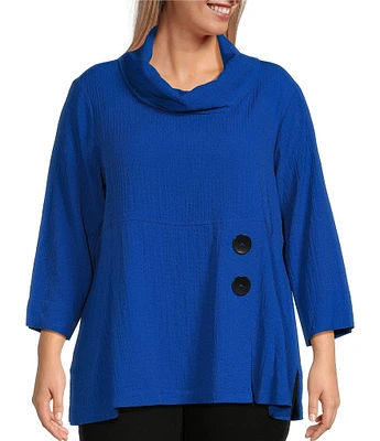 Ali Miles Plus Size Woven Pucker Textured Cowl Neck 3/4 Sleeve Asymmetrical Hem Tunic