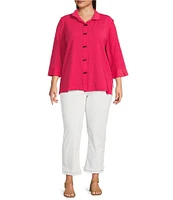 Ali Miles Plus Size Woven Textured Wire Collar 3/4 Sleeve Button Front Tunic