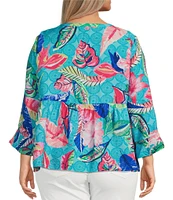 Ali Miles Plus Size Woven Tropical Leaf Print Round Neck 3/4 Sleeve Top