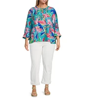 Ali Miles Plus Size Woven Tropical Leaf Print Round Neck 3/4 Sleeve Top