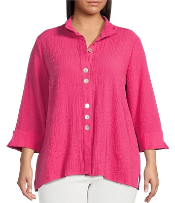 Ali Miles Plus Size Woven Wire Collar 3/4 Sleeve Button-Front Tunic
