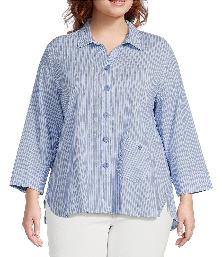 Ali Miles Plus Size Woven Yarn-Dye Striped Wire Neck 3/4 Sleeve Hi-Low Hem Button Front Tunic