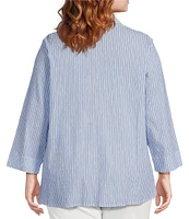 Ali Miles Plus Size Woven Yarn-Dye Striped Wire Neck 3/4 Sleeve Hi-Low Hem Button Front Tunic
