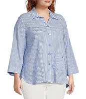 Ali Miles Plus Size Woven Yarn-Dye Striped Wire Neck 3/4 Sleeve Hi-Low Hem Button Front Tunic