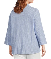 Ali Miles Plus Size Woven Yarn-Dye Striped Wire Neck 3/4 Sleeve Hi-Low Hem Button Front Tunic