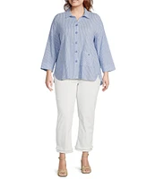 Ali Miles Plus Size Woven Yarn-Dye Striped Wire Neck 3/4 Sleeve Hi-Low Hem Button Front Tunic