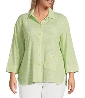 Ali Miles Plus Size Woven Yarn-Dye Striped Wire Neck 3/4 Sleeve Hi-Low Hem Button Front Tunic