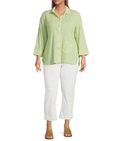 Ali Miles Plus Size Woven Yarn-Dye Striped Wire Neck 3/4 Sleeve Hi-Low Hem Button Front Tunic