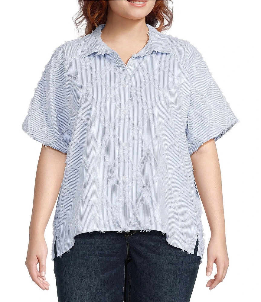 Ali Miles Plus Size Yarn-Dye Clipped Jacquard Printed Point Collar Short Sleeve Button Front Shirt