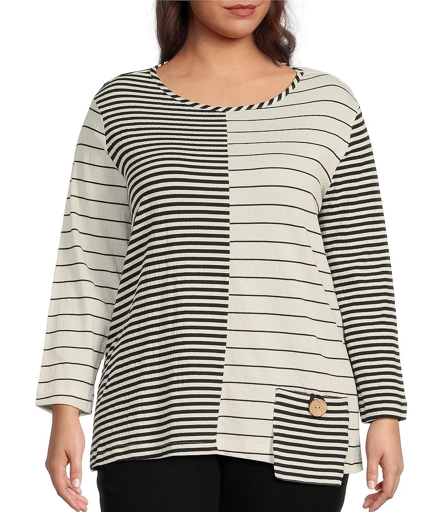 Ali Miles Plus Size Yarn-Dye Knit Printed Round Neck Long Sleeve Tunic