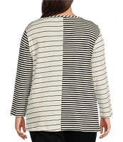 Ali Miles Plus Size Yarn-Dye Knit Printed Round Neck Long Sleeve Tunic