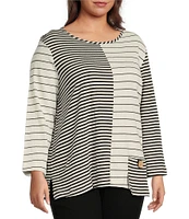 Ali Miles Plus Size Yarn-Dye Knit Printed Round Neck Long Sleeve Tunic