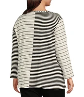 Ali Miles Plus Size Yarn-Dye Knit Printed Round Neck Long Sleeve Tunic